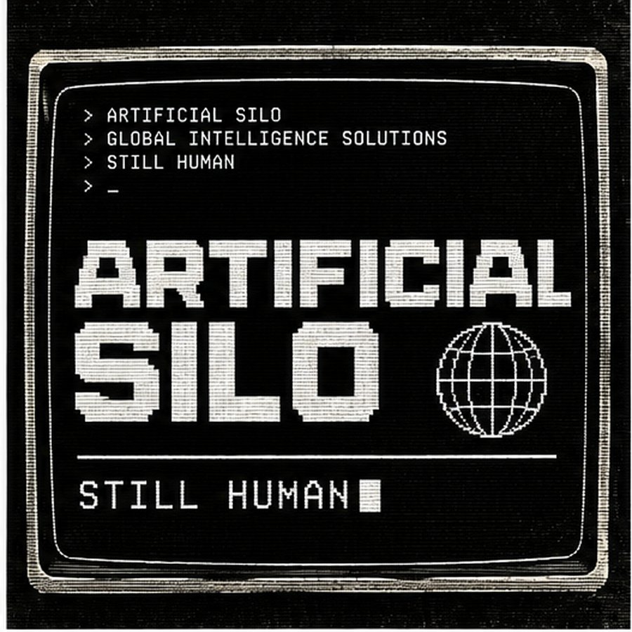 Artificial Silo logo: an old computer screen reading Artificial Silo, Still human